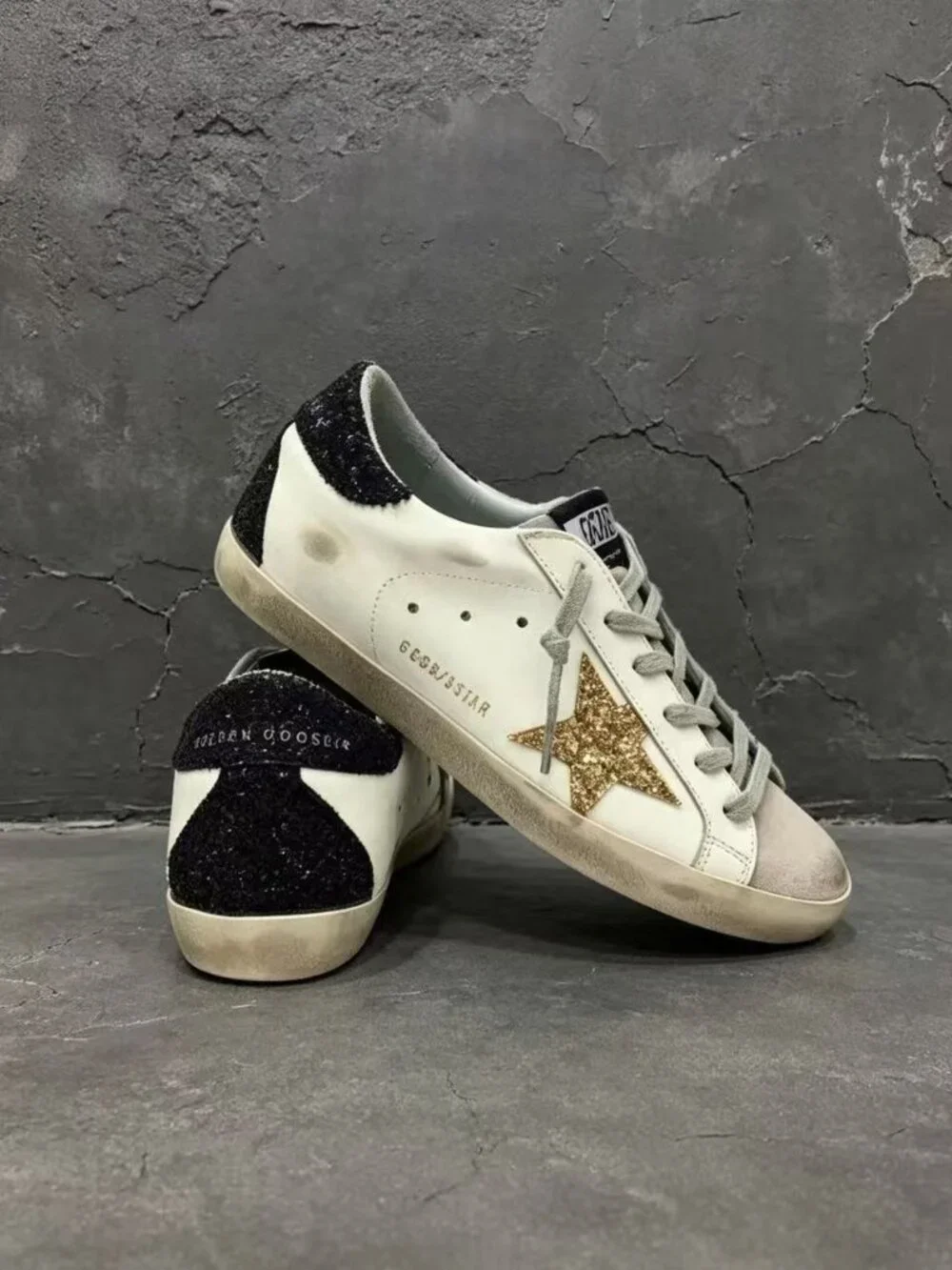 Golden Goose White Sneakers with Silver Glitter Star and Black Glitter Heel